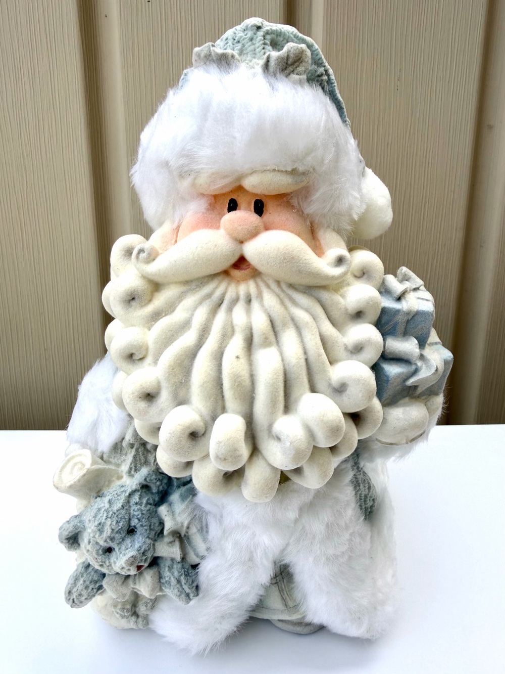 Vintage 2001 Joelson Santa Figurine Blue Flock Texture White Fur Christmas Decor